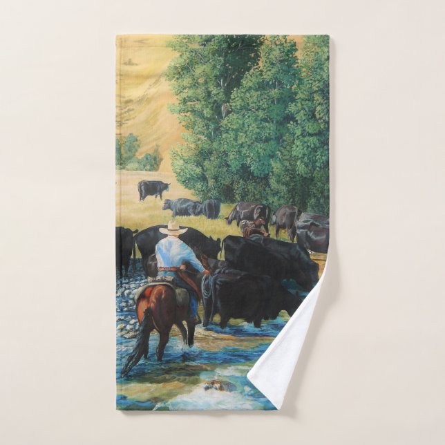 Western horse/black Angus cattle herd/cowboy Hand Towel (Hand Towel)