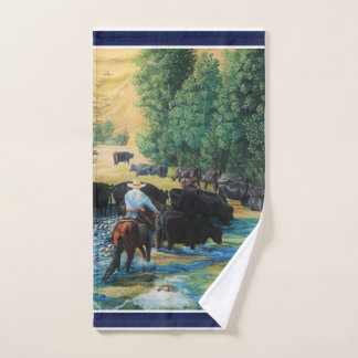 Western horse/black Angus cattle herd/cowboy Hand Towel