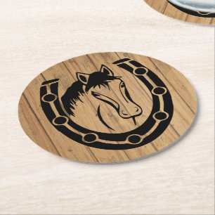 Western Horse Country Wedding Horseshoe Wood Round Paper Coaster