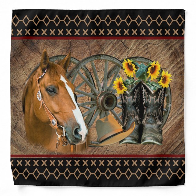 Western Horse Cowboy Boots Cowboy Hat Wagon Wheel Bandana (Front)