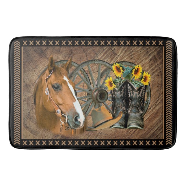 Western Horse Cowboy Boots Cowboy Hat Wagon Wheel Bath Mat (Front)