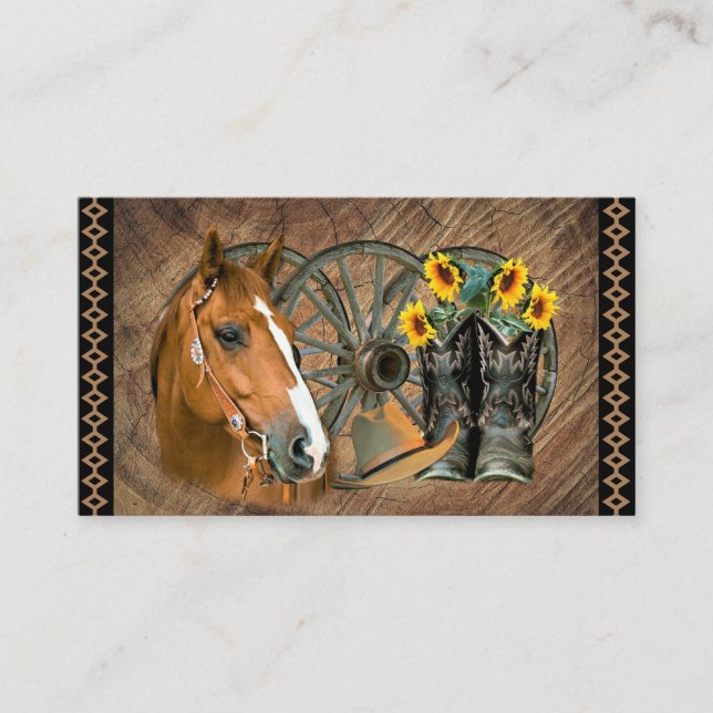 Western Horse Cowboy Boots Cowboy Hat Wagon Wheel  Business Card (Front)