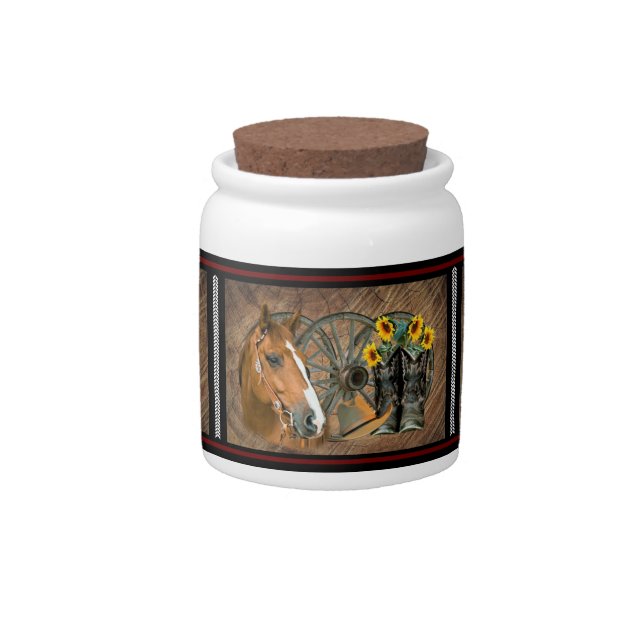 Western Horse Cowboy Boots Cowboy Hat Wagon Wheel  Candy Jar (Front)