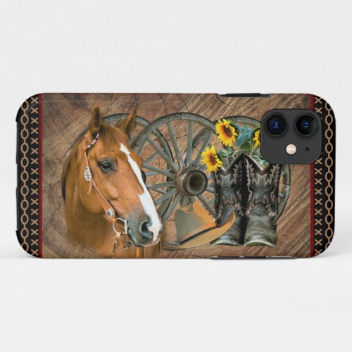 Western Horse Cowboy Boots Cowboy Hat Wagon Wheel  iPhone 11 Case
