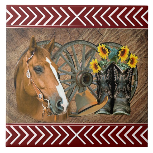 Western Horse Cowboy Boots Cowboy Hat Wagon Wheel Ceramic Tile (Front)