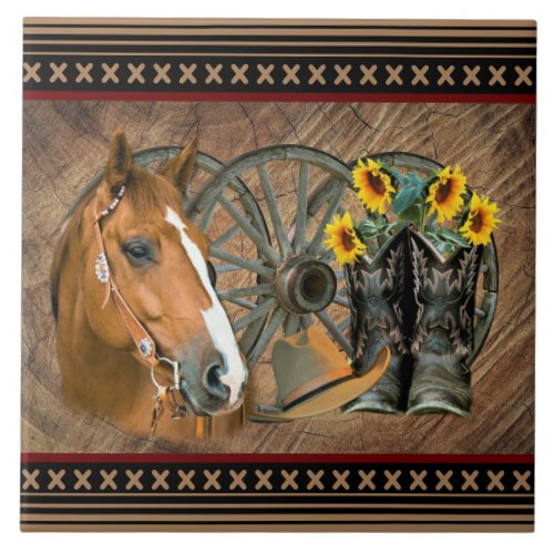 Western Horse Cowboy Boots Cowboy Hat Wagon Wheel Ceramic Tile