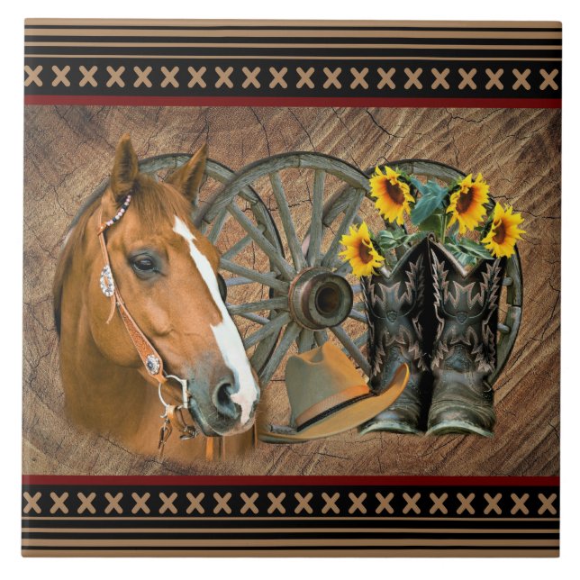 Western Horse Cowboy Boots Cowboy Hat Wagon Wheel Ceramic Tile (Front)