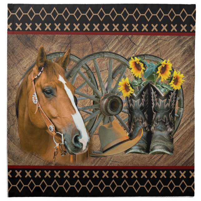 Western Horse Cowboy Boots Cowboy Hat Wagon Wheel Cloth Napkin (Front)