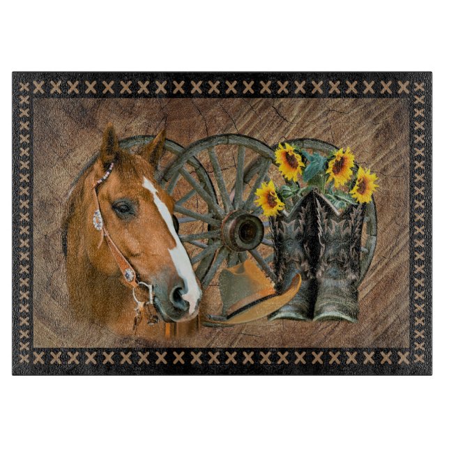 Western Horse Cowboy Boots Cowboy Hat Wagon Wheel Cutting Board (Front)