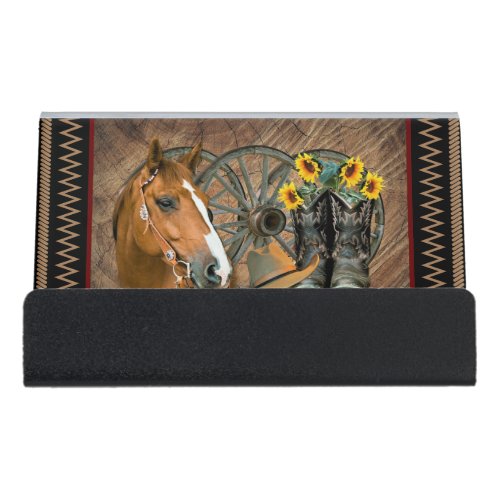 Western Horse Cowboy Boots Cowboy Hat Wagon Wheel Desk Business Card Holder