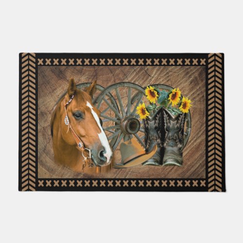 Western Horse Cowboy Boots Cowboy Hat Wagon Wheel Doormat