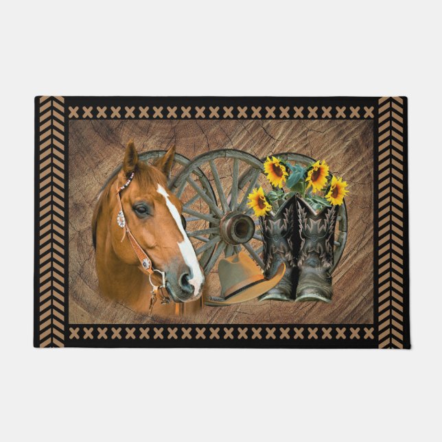Western Horse Cowboy Boots Cowboy Hat Wagon Wheel Doormat (Front)