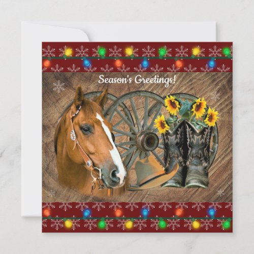Western Horse Cowboy Boots Cowboy Hat Wagon Wheel  Holiday Card