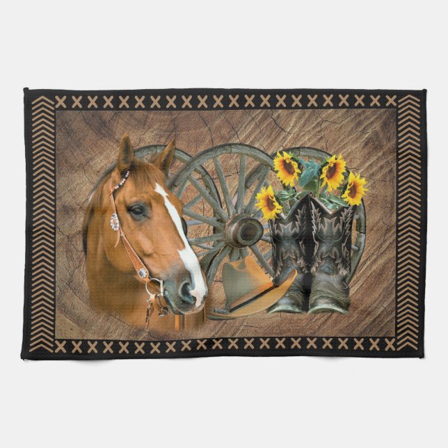Western Horse Cowboy Boots Cowboy Hat Wagon Wheel Kitchen Towel (Horizontal)