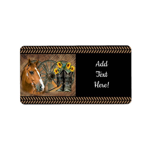 Western Horse Cowboy Boots Cowboy Hat Wagon Wheel Label (Front)