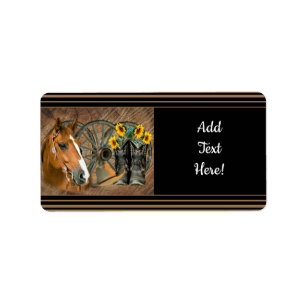 Western Horse Cowboy Boots Cowboy Hat Wagon Wheel Label