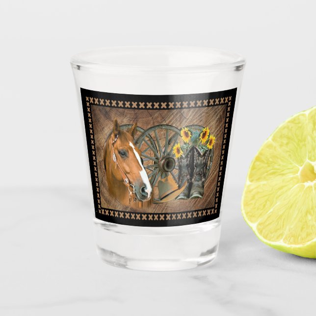 Western Horse Cowboy Boots Cowboy Hat Wagon Wheel Shot Glass (Front)