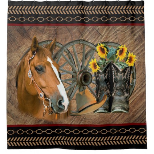 Western Horse Cowboy Boots Cowboy Hat Wagon Wheel Shower Curtain