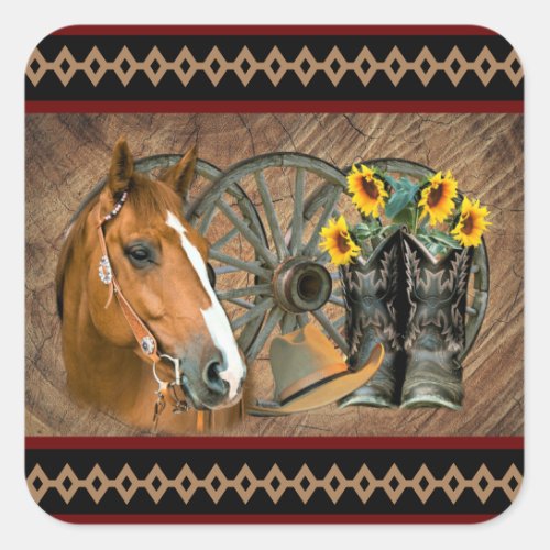 Western Horse Cowboy Boots Cowboy Hat Wagon Wheel  Square Sticker