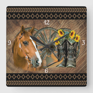Western Horse Cowboy Boots Cowboy Hat Wagon Wheel Square Wall Clock