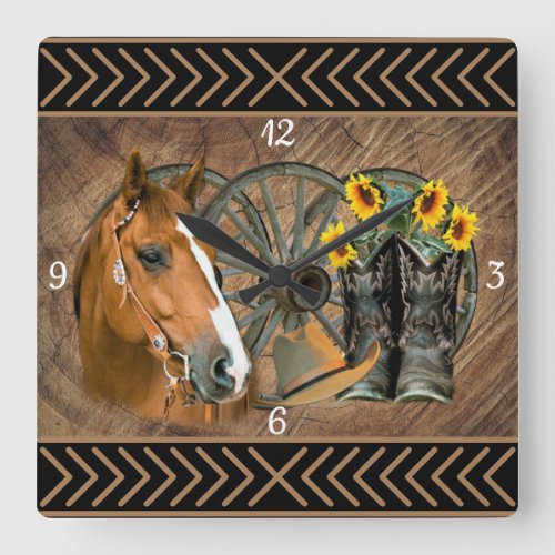 Western Horse Cowboy Boots Cowboy Hat Wagon Wheel  Square Wall Clock