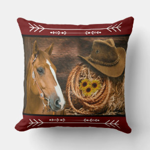 Western Horse Cowboy Boots Cowboy Hat Wagon Wheel  Throw Pillow