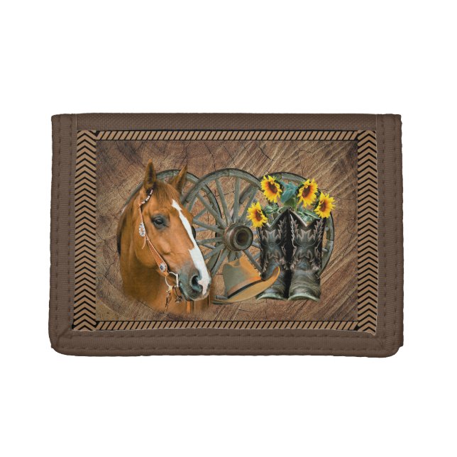 Western Horse Cowboy Boots Cowboy Hat Wagon Wheel Trifold Wallet (Front)