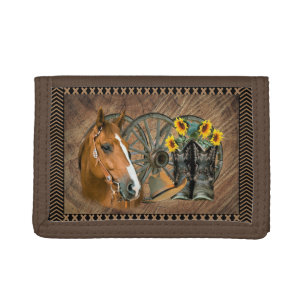 Western Horse Cowboy Boots Cowboy Hat Wagon Wheel Trifold Wallet