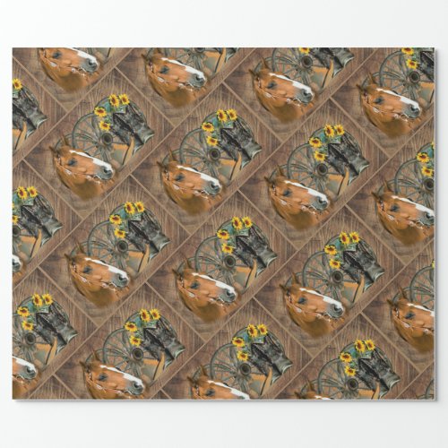 Western Horse Cowboy Boots Cowboy Hat Wagon Wheel Wrapping Paper
