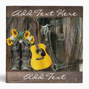 Western Horse Cowboy boots Guitar Sunflowers 3 Ring Binder