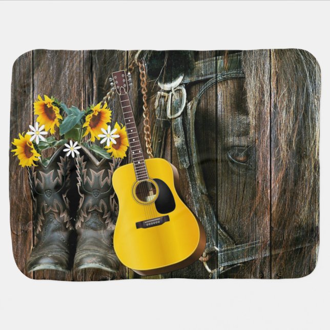 Western Horse Cowboy boots Guitar Sunflowers Baby Blanket (Horizontal)