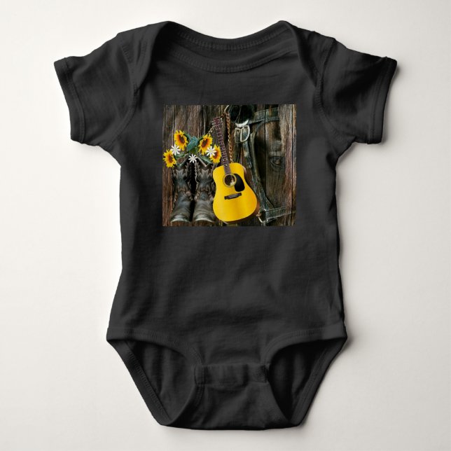 Western Horse Cowboy boots Guitar Sunflowers Baby Bodysuit (Front)