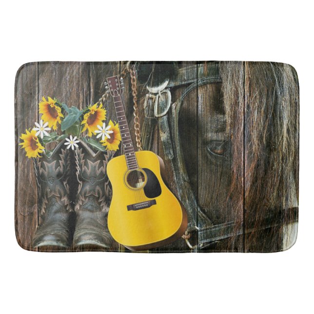 Western Horse Cowboy boots Guitar Sunflowers Bath Mat (Front)