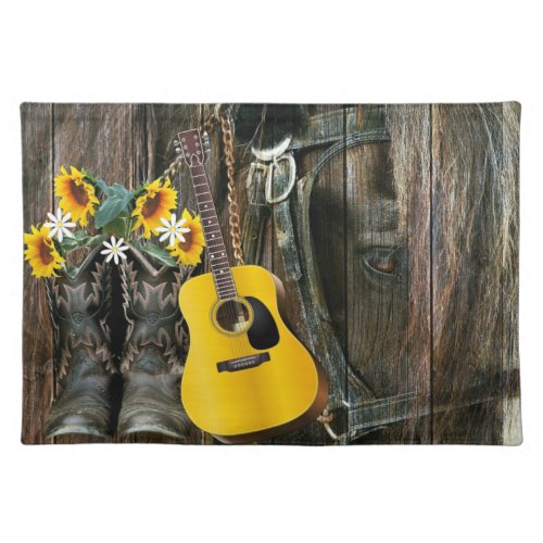 Western Horse Cowboy boots Guitar Sunflowers Cloth Placemat