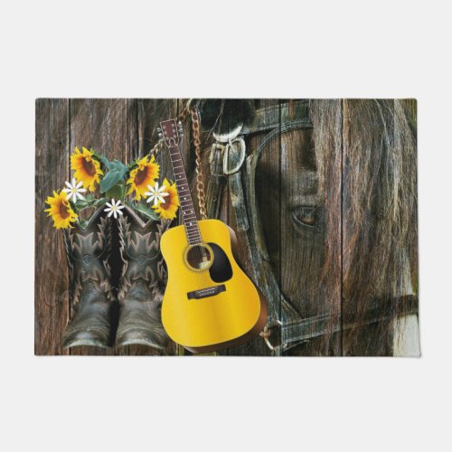 Western Horse Cowboy boots Guitar Sunflowers Doormat