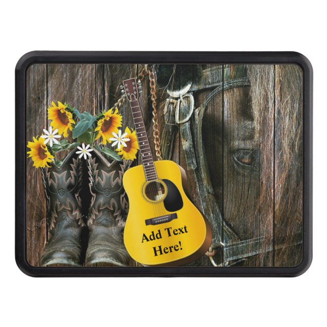 Western Horse Cowboy boots Guitar Sunflowers Hitch Cover (Front)