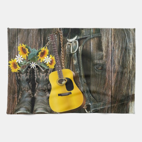 Western Horse Cowboy boots Guitar Sunflowers Kitchen Towel