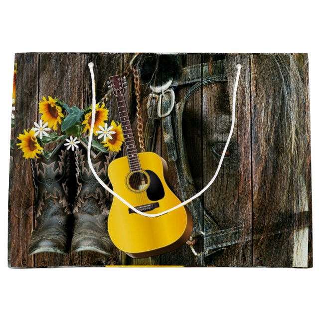 Western Horse Cowboy boots Guitar Sunflowers Large Gift Bag (Front)