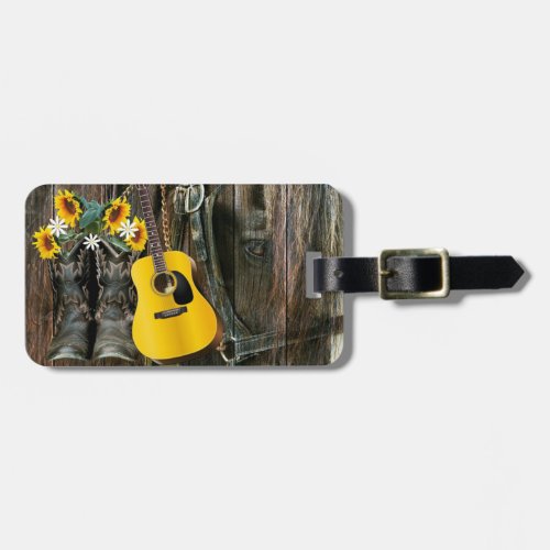 Western Horse Cowboy boots Guitar Sunflowers Luggage Tag