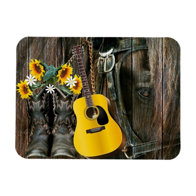 Western Horse Cowboy boots Guitar Sunflowers Magnet (Horizontal)