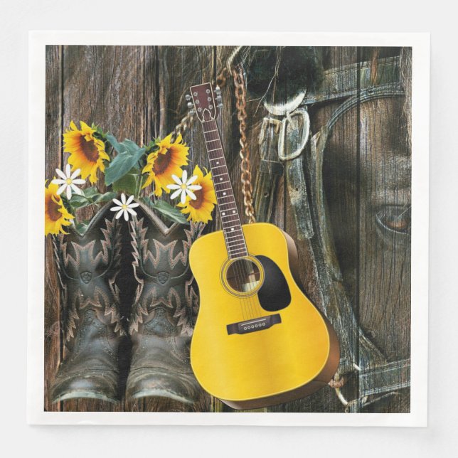 Western Horse Cowboy boots Guitar Sunflowers Paper Dinner Napkins (Front)