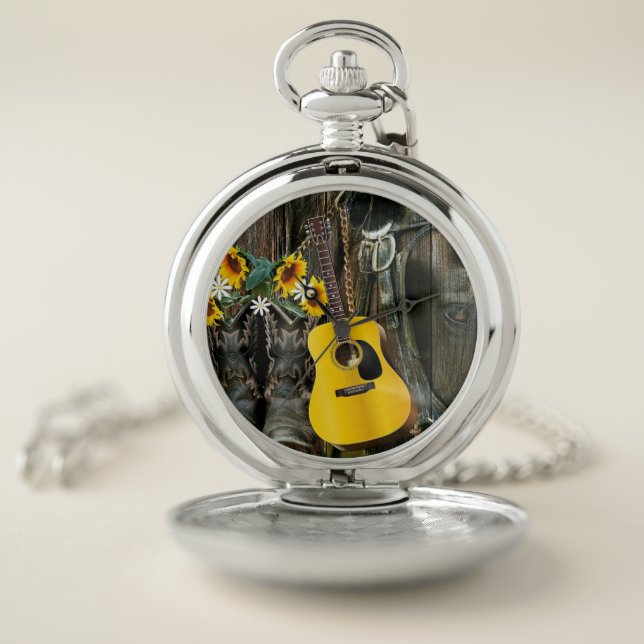 Western Horse Cowboy boots Guitar Sunflowers Pocket Watch (Inside)