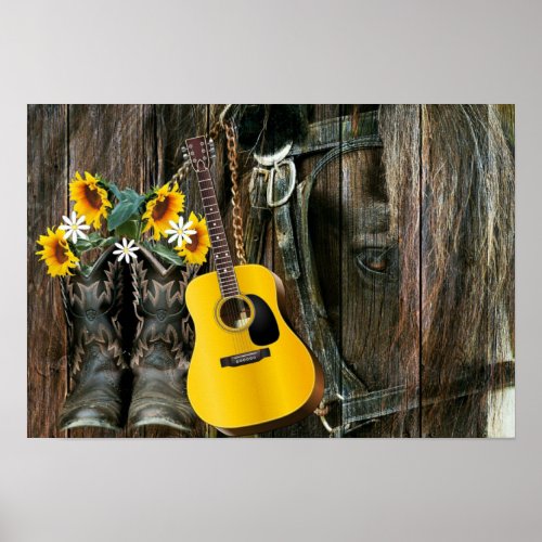 Western Horse Cowboy boots Guitar Sunflowers Poster