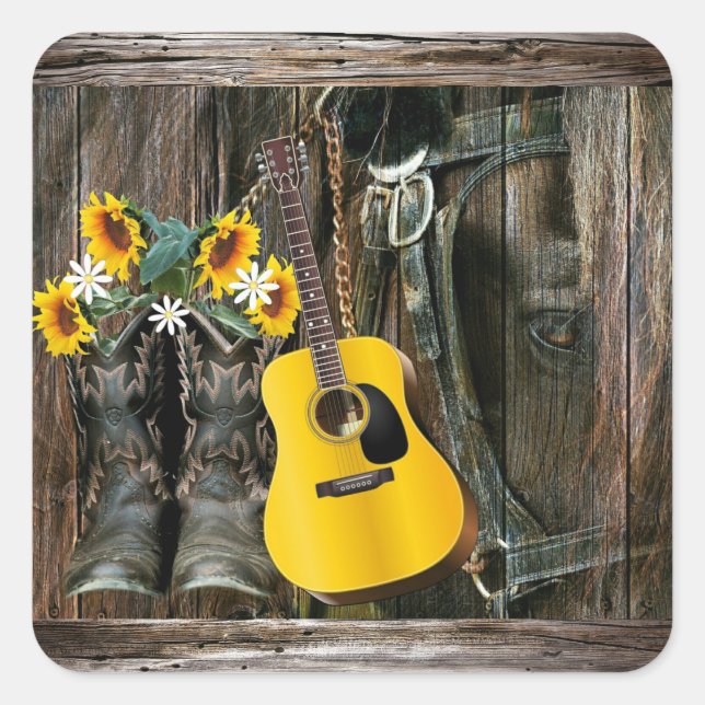 Western Horse Cowboy boots Guitar Sunflowers Squar Square Sticker (Front)