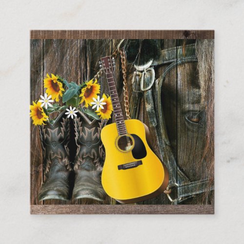 Western Horse Cowboy boots Guitar Sunflowers Square Business Card