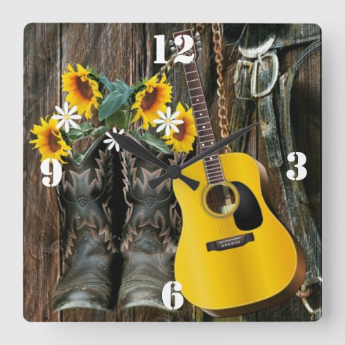 Western Horse Cowboy boots Guitar Sunflowers Square Wall Clock