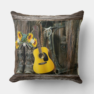 Western Horse Cowboy boots Guitar Sunflowers Throw Pillow
