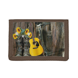 Western Horse Cowboy boots Guitar Sunflowers Tri-fold Wallet
