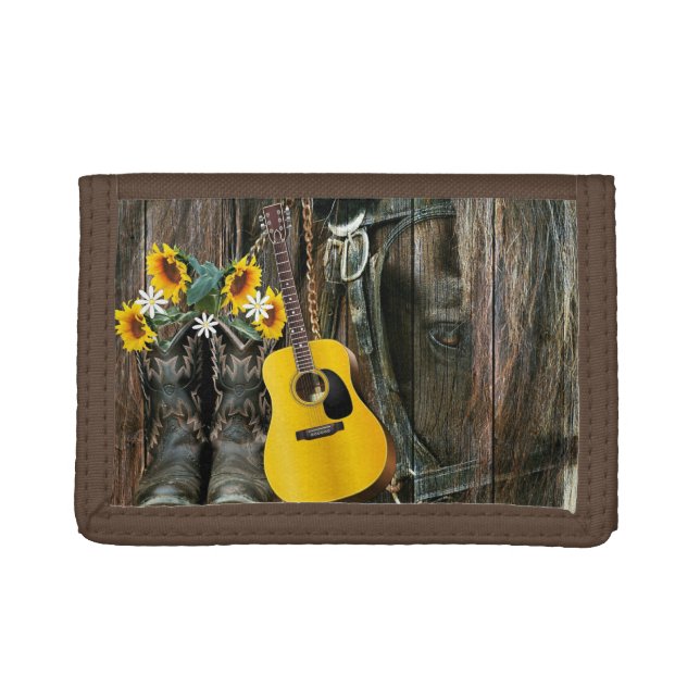 Western Horse Cowboy boots Guitar Sunflowers Trifold Wallet (Front)