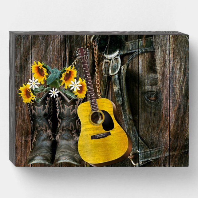 Western Horse Cowboy boots Guitar Sunflowers Wooden Box Sign (Front Horizontal)